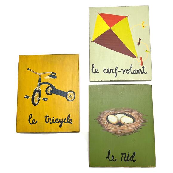 Pottery Barn Kids Other - Pottery Barn Kids Painted Wood Wall Art 11” x 14” Plaque French Set Of 3